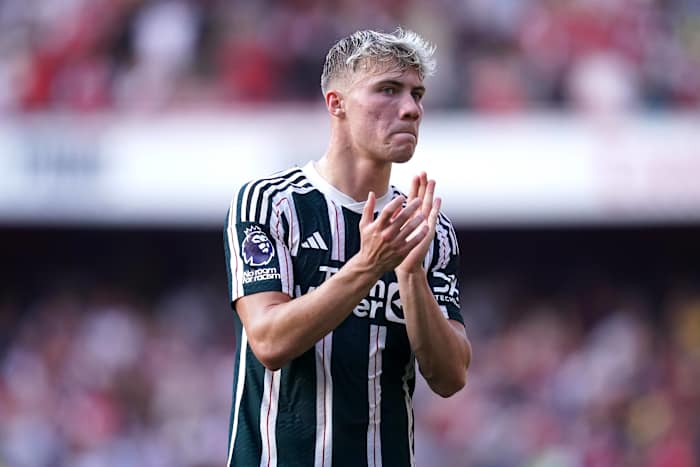 Rasmus Hojlund pictured applauding Manchester United's away fans after making his Premier League debut in a 3-1 defeat at Arsenal in September 2023
